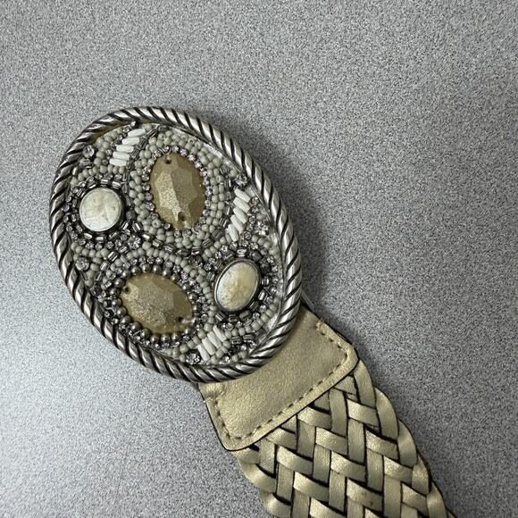 Chicos Woven Leather Belt Womens Gold Gem Buckle Embellished Bead Boho Wrap 52" - Picture 2 of 6